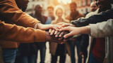 Fototapeta  - Community Unity: A diverse group of Christians joining hands in a circle, signifying the unity and support found within a strong Christian community 