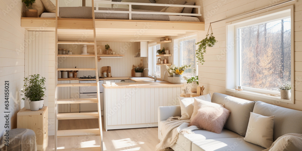 Cozy, Scandinavian - style tiny home interior, furnished with light wooden furniture, woolen blankets, neutral tones. Highlight the open concept layout, a lofted bed, and an abundance of natural light