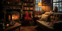 Inside A Rustic, Country - Style Tiny Home Featuring A Cozy Fireplace, Vintage Furniture, Soft Warm Lights, Reading Nook
