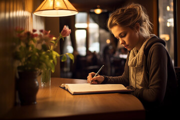 Wall Mural - a woman writing in her journal at a café, the words 