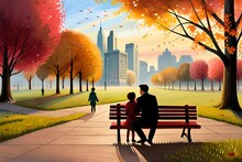Tranquil Park Setting Where A Father And Child Are Engrossed In A Shared Activity, Perhaps Flying A Kite, Having A Picnic, Or Simply Enjoying A Heartfelt Conversation On A Park Bench. 