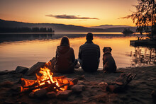 Back View Of Couple And Dog Sitting By Campfire On Lake Shore.