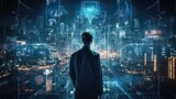 Fototapeta Fototapety z końmi - Visualize a skilled cyberpunk hacker operating within a futuristic landscape, surrounded by holographic interfaces, intricate code, and immersive virtual reality components