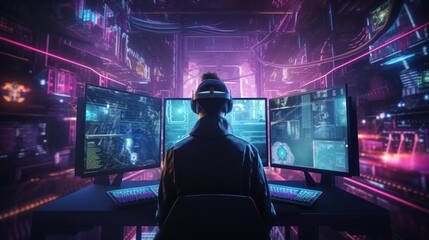 Wall Mural - Visualize a skilled cyberpunk hacker operating within a futuristic landscape, surrounded by holographic interfaces, intricate code, and immersive virtual reality components