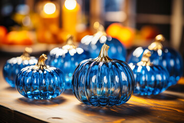 Wall Mural - Glass pumpkins, blue, fall autumn interior home decor, seasonal decoration, trendy