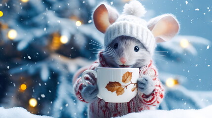 Wall Mural - A cute little mouse in a knitted hat drinks cocoa in a snowy forest against the backdrop of color lights and a festively decorated forest with firs.Generative AI