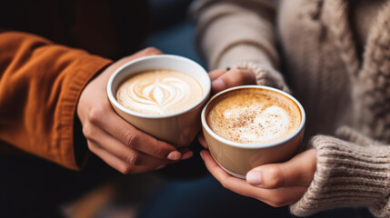 Women's hands in jumpers holding mugs of coffee. Created with Generative AI technology.