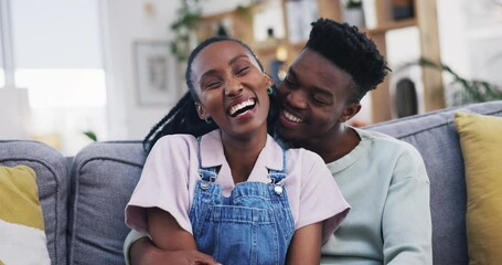 Poster - Kiss, hug or happy black couple in home living room bonding together to relax with support or trust. Sofa, face or African man cuddling or laughing with woman with care, love or joy in marriage