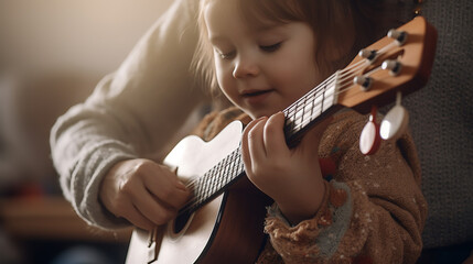 Mother teach her little daughter playing the guitar.Created with Generative AI technology.