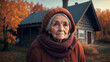 An old, poor woman with a sad expression on her face outside a rural abandoned house in the fall. October 17 is the International Day for the Eradication of Poverty. AI generation