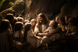 Fototapeta  - Jesus Christ talking to children, Jesus and children smiling. Generation AI