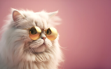 Creative animal concept. Persian cat kitten kitty in sunglass shade glasses isolated on solid pastel background, commercial, editorial advertisement, surreal surrealism