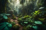 Fototapeta Sypialnia - A lush, vibrant dreamy, ethereal landscape of a tropical rainforest - AI Generative