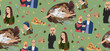 cartoon famous paintings in vector. Mona Lisa shows a peace sign. American Gothic in the Modern World. Gallery of works of art. masterpieces of world art. characters from pictures. Seamless pattern