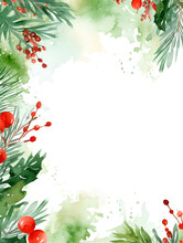 Christmas Watercolor Frame With Greens, Red Flowers And Berries. White Copy Space Inside, Ai Generated