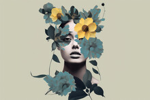 Abstract Fashion Art Paper Collage. Portrait Of A Woman With Many Flowers. Generative AI