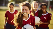 Teenager Girls Soccer Team Smiling Wearing Red Kit And Holding A Ball On Soccer Field School Sport Physical Activity Fitness 