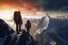 Two Climbers Ascend Mountain Peak. Back View Of Alpinists Climbing Snow Covered Mountains. Travelers During Outdoor Activities