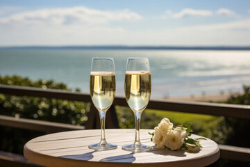 Wall Mural - Set table at outdoor terrace. Romantic dinner with view sea landscape