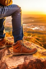 Canvas Print - A person sitting on a rock with their shoes on. Generative AI image.