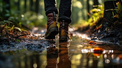 Canvas Print - A person walking through a puddle in the woods. Generative AI image.