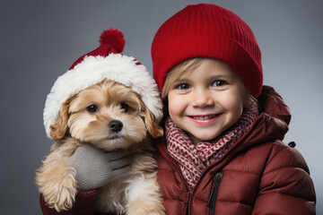 Poster - Happy girl 5 years old in a red Santa hat hugs a little dog puppy showing or holding thumb up