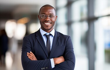 smiling black executive posing with his arms crossed at the office looking at the camera