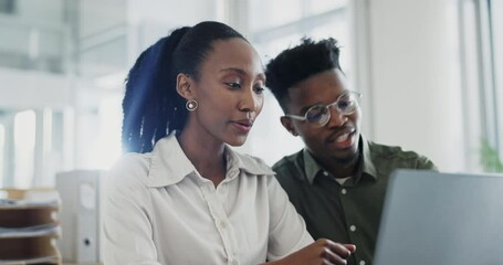 Poster - Talking, office and black people with a laptop for a project, work collaboration or advice on research. Happy, corporate and an African businessman speaking to a woman about planning on a computer