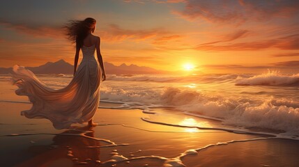 Wall Mural - Amazing Shot of a Lady Walking towards the Sun during the Sunset in the Beach over the Shoreline. Long Dress Blown by the Wind.