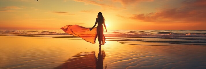 Wall Mural - Amazing Shot of a Lady Walking towards the Sun during the Sunset in the Beach over the Shoreline. Long Dress Blown by the Wind.