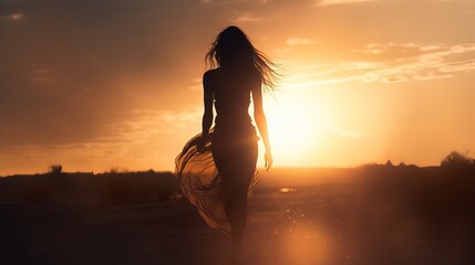 Wall Mural - Amazing Shot of a Lady Walking towards the Sun during the Sunset. Long Dress Blown by the Wind.