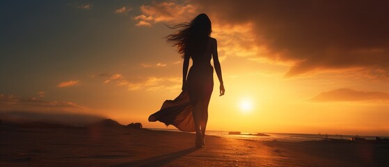 Wall Mural - Amazing Shot of a Lady Walking towards the Sun during the Sunset. Long Dress Blown by the Wind.