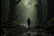 Glimpses Beyond the Fog: Capturing a Traveler's Hazy Outline in Woodland Mist, Echoing the Cryptic Connection Between Nature's Secrets and Uncharted Expedition Generative AI