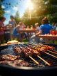 Barbecue party with people in the background, grilled steak, grilled meat, fire, summer party, barbecue in the garden,  people having fun, family and friends, bbq