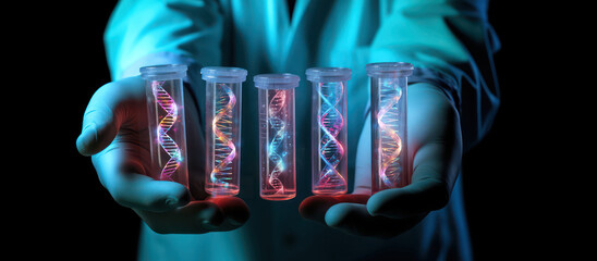 Wall Mural - scientist holding medical testing tubes or vials of medical pharmaceutical research with blood cells and virus cure using DNA genome sequencing biotechnology as wide banner hologram