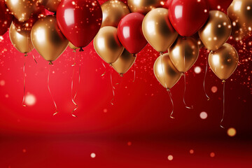 Celebration party banner background with red, gold balloons, carnival, festival or birthday balloon red background, red celebration background template, Illustrations for advertising, generative ai