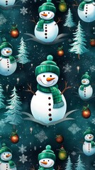 Wall Mural - Pattern snowman with hat and scarf with Christmas tree. New Year and Christmas concept. Dark background.