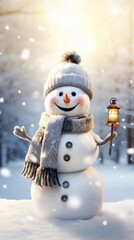 Wall Mural - Snowman on snow with hat, scarf. and lantern in hand. It is snowing. New Year and Christmas concept. Snowy background.