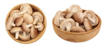 Fresh Shiitake Mushroom In A Wooden Bowl Isolated On White Background With . Top View. Flat Lay