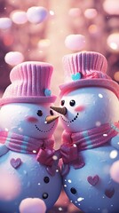 Wall Mural - Two cute snowmen in love, with pink pastel scarf and hats. New Year and Christmas concept/ Generative AI