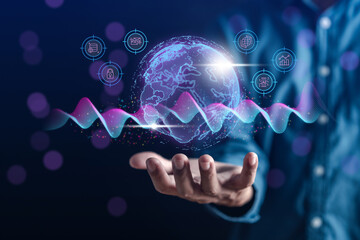 Aufkleber - Businessman with global networking business strategy internet connection technology and digital online marketing, Financial and investment, Digital data and contact.