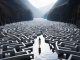 Fototapeta Nowy Jork - A person walking through a labyrinth or maze, representing the complexity of anxious thoughts and the journey to find clarity. Struggle, uncertainty, anxious thoughts, decision-making mind growth