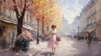 flowers marketplace , basket of flowers violets on the street of paris on a sunny day ,paint in the 