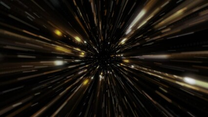 Wall Mural - Glowing golden stars in space background. Flying through a galaxy of gold stars and particles at super fast hyperspace warp speed. Looping, full HD cosmic motion background animation.