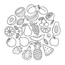Fruits And Berries Doodle Set.  Vegetarian Food, Natural Tropical Fruit, Citrus In Sketch Style.  Hand Drawn Vector Illustration Isolated On White Background.