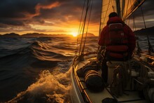 Oceanic Solitude: Capturing The Silhouette Of A Lone Sailor Skillfully Adjusting Boat Sails Amidst A Radiant Sunset, The Boundless Horizon Beckoning Beyond Generative AI