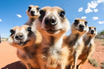 curious meerkats group with happy expressions looking at gopro camera in the savanna