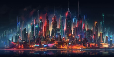 Wall Mural - city skyline cyberpunk neon on dark background. beautiful generative ai aig32