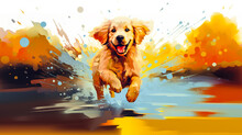 Golden Retriever Puppy Dog Running In Water Illustration Vector In Abstract Mixed Grunge Colors Digital Painting In Minimal Graphic Art Style. Very Cute Friendly Dog. Digital Illustration Generative A