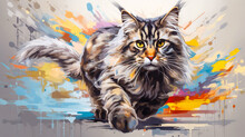 Maine Coon Cat Walking Toward Camera Vector Illustration In Abstract Mixed Grunge Colors Digital Painting In Minimal Graphic Art Style. Digital Illustration Generative AI.